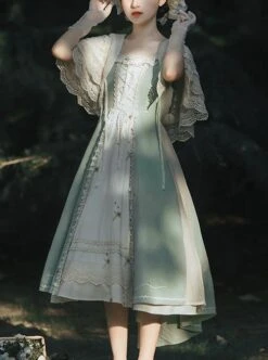 Vintage Gentle Rustic Style Square Neck Lace Decoration Flower Vines Embroidered Front Short Back Long Hem Classic Lolita Sleeveless Dress Set -MIMY Lolita Shop 1 500x672 663