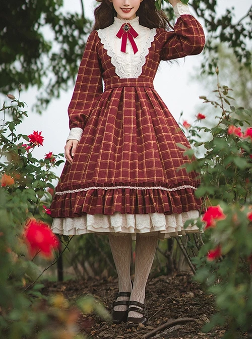 Elegant Vintage Check Woolen Fabric Ruched Ruffled Lace Trim White Lace Jacquard V Neckline Classic Lolita Long Sleeve Dress 9 Elegant Vintage Check Woolen Fabric Ruched Ruffled Lace Trim White Lace Jacquard V Neckline Classic Lolita Long Sleeve Dress - Image 7