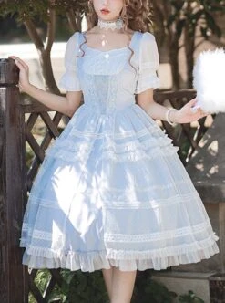 Shell Wind Chime Series Elegant Square Neck Lily-Of-The-Valley Embroidered Polka Dot Yarn Hem Classic Lolita Short-Sleeved Dress -MIMY Lolita Shop 1 500x672 668