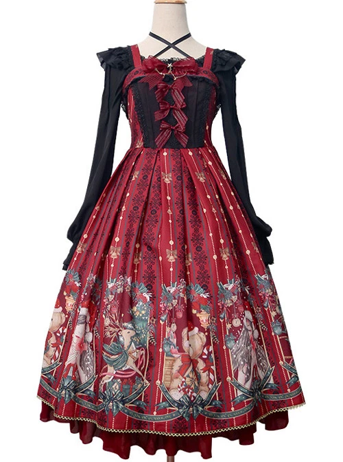 Alice's Christmas Series JSK Classic Lolita Wine Red Sling Dress 9 Alice's Christmas Series JSK Classic Lolita Wine Red Sling Dress - Image 7