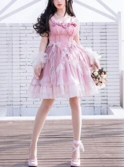 Rose Waltzes Series Pink Elegant Stereoscopic Rose Decoration Pink Gradient Hem Design Classic Lolita Sleeveless Dress -MIMY Lolita Shop 1 500x672 672