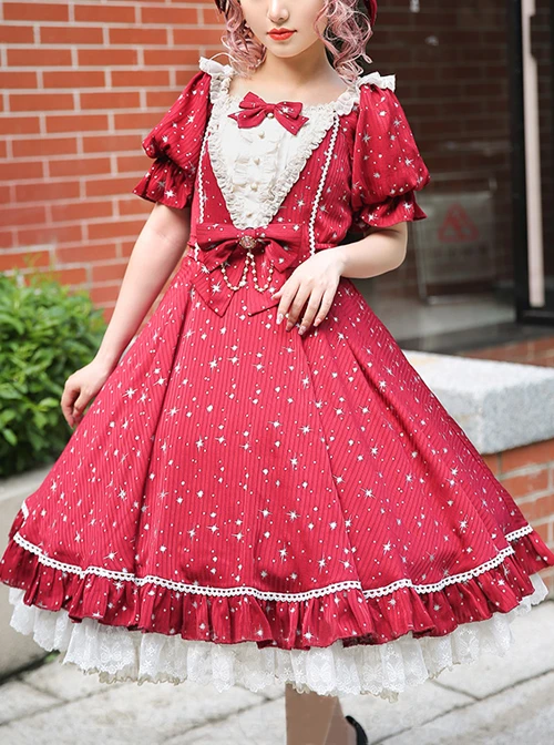 Classic Lolita Retro Solid Color Star Shape Embellishment Design Pleated Neckline Bow Knot Decoration Short Sleeve Dress 5 Classic Lolita Retro Solid Color Star Shape Embellishment Design Pleated Neckline Bow Knot Decoration Short Sleeve Dress - Image 3