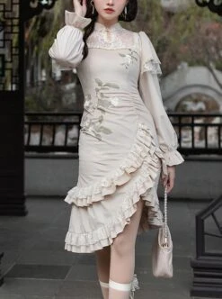 Chinese Style Improved Cheongsam Stand Collar Stitching Translucent Lace Camellia Flower Embroidery Classic Lolita Long-Sleeved Dress -MIMY Lolita Shop 1 500x672 685