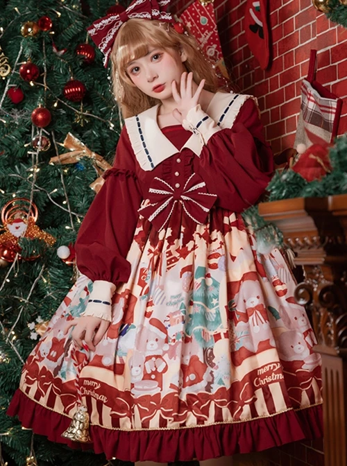 Christmas Little Bear Series Cute Navy Collar Christmas Print Lantern Sleeves Lace Bow Classic Lolita Long Sleeve Dress 3 Christmas Little Bear Series Cute Navy Collar Christmas Print Lantern Sleeves Lace Bow Classic Lolita Long Sleeve Dress