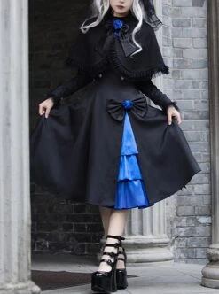 Night Chant Overture Series Blue Rose Bowknot Asymmetrical Design Elegant Classic Lolita Long Sleeves Black Dress Cloak Set -MIMY Lolita Shop 1 500x672 695