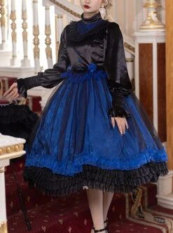 Lonely Laura Series Elegant Mysterious Jacquard Detachable Blue Rose Bowknot Lace Petal Hem Design Gothic Lolita Long Sleeve Dress -MIMY Lolita Shop 1 500x672 7