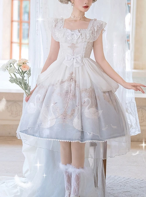 Swan Dream Series Noble White Blue Gradient Elegant Fairy Transparent Tulle Swan Lake Print Classic Lolita Sleeveless Dress 4 Swan Dream Series Noble White Blue Gradient Elegant Fairy Transparent Tulle Swan Lake Print Classic Lolita Sleeveless Dress - Image 2