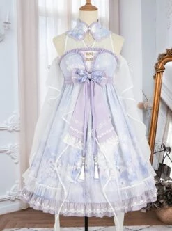 Chinoiserie Purple Stand Collar Lace Bead Chain Bow Fringe Design Swan Castle Print Classic Lolita Sleeveless Dress -MIMY Lolita Shop 1 500x672 704