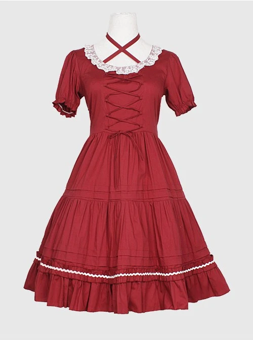 Round Neckline Ruffle Lace Classic Lolita Puff Short Sleeves Dress 3 Round Neckline Ruffle Lace Classic Lolita Puff Short Sleeves Dress