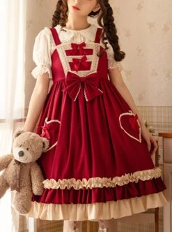 Hawthorn Milk Cover Series Red Cute Daily Lace Bow-Knot Love Heart Decoration Ruffle Hem Classic Lolita Sleeveless Dress -MIMY Lolita Shop 1 500x672 712