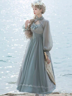 Gray Blue Chiffon Elegant JSK Classic Lolita High Waist Long Style Dress -MIMY Lolita Shop 1 500x672 715