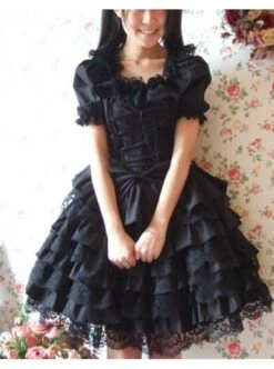 Black Short Sleeves Ruffle Sweet Cotton Lolita Dress -MIMY Lolita Shop 1 500x672 72