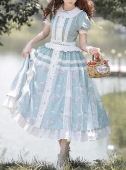 Blue Retro Print Plaid Stitching Cute Doll Collar Bowknot Embroidery Elegant Classic Lolita Short Sleeved Dress -MIMY Lolita Shop 1 500x672 721