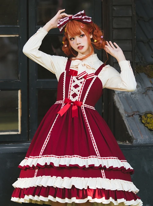 Miss Betty Series Red Vintage Court Bow Lace Ribbon Decorated Ruffle Hem Classic Lolita Sleeveless Dress 7 Miss Betty Series Red Vintage Court Bow Lace Ribbon Decorated Ruffle Hem Classic Lolita Sleeveless Dress - Image 5
