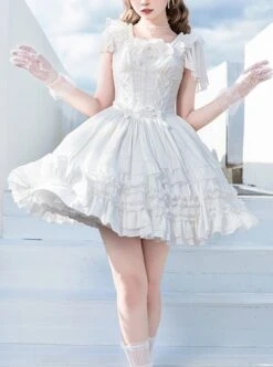 Miss Hill Series White Elegant Pure Color Binding Band Design Daily Classic Lolita Short Sleeve Dress -MIMY Lolita Shop 1 500x672 738