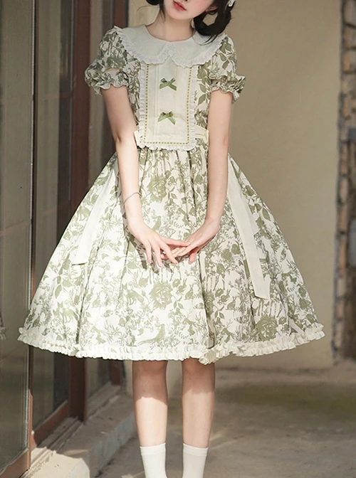 Secret Garden Series Elegant Fresh Doll Collar Bowknot Decorated Green Plant Printed Ruffle Hem Classic Lolita Puff Sleeve Dress 5 Secret Garden Series Elegant Fresh Doll Collar Bowknot Decorated Green Plant Printed Ruffle Hem Classic Lolita Puff Sleeve Dress - Image 3
