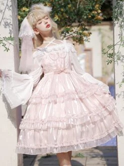 Star Yarn Love Song Series JSK Pure Color Three Stage Cake Hem Oversized Bowknot Trailing Classic Lolita Sleeveless Dress -MIMY Lolita Shop 1 500x672 744