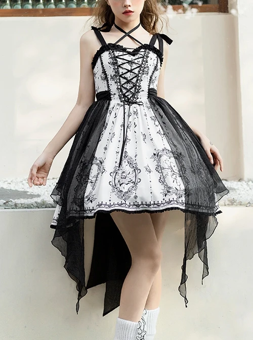 Adjustable Shoulder Strap V Type Lace Neckline Design Butterfly Magic Print Irregular Black Net Yarn Hem Gothic Lolita Sleeveless Dress 7 Adjustable Shoulder Strap V Type Lace Neckline Design Butterfly Magic Print Irregular Black Net Yarn Hem Gothic Lolita Sleeveless Dress - Image 5