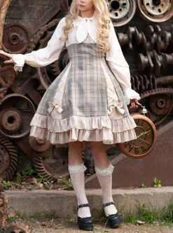 Backlight Memories Record Grey Khaki Check Design Cross Tie Bow Knots Grace Pleated Lace Classic Lolita Slip Dress -MIMY Lolita Shop 1 500x672 758