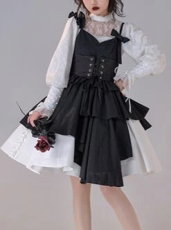 Pure Black Asymmetric Suspenders Irregular Hem Design Detachable Waistband White Skirt Cool Girl Punk Lolita Sleeveless Dress Set -MIMY Lolita Shop 1 500x672 781