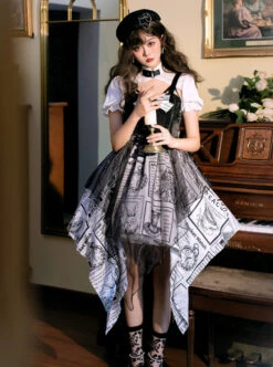 Black White Alice Series OP Retro Splicing Irregular Hem Punk Lolita Short Sleeve Dress -MIMY Lolita Shop 1 500x672 783