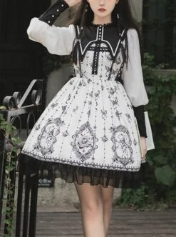 Personality Pointed Teeth Collar Design Leg Of Lamb Sleeve Butterfly Magic Print Black White Gothic Lolita Long-Sleeved Dress 8 Personality Pointed Teeth Collar Design Leg Of Lamb Sleeve Butterfly Magic Print Black White Gothic Lolita Long-Sleeved Dress -MIMY Lolita Shop 1 500x672 79