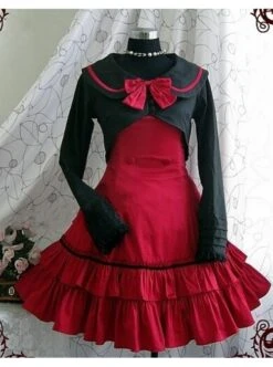 Red Long Sleeves Bow Preppy Style Cotton Sweet Lolita Dress With Cape -MIMY Lolita Shop 1 500x672 87