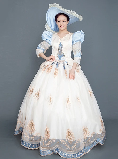 Blue Puff Sleeve Light Champagne Hem Lace Embroidery Classical Court Party Lolita Prom Dress 9 Blue Puff Sleeve Light Champagne Hem Lace Embroidery Classical Court Party Lolita Prom Dress - Image 7