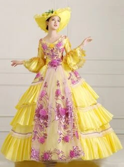Yellow Mid-length Sleeve Sequin Pink Flowers Embroidery European Court Lolita Prom Dress -MIMY Lolita Shop 1 500x672 873