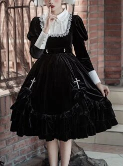 Black Velvet Vintage Elegant Lace Lapel Pearl Crucifix Decorative Gothic Lolita Long Sleeve Dress 9 Black Velvet Vintage Elegant Lace Lapel Pearl Crucifix Decorative Gothic Lolita Long Sleeve Dress -MIMY Lolita Shop 1 500x672 95