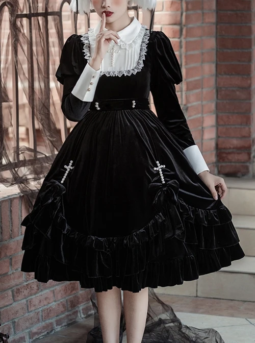 Black Velvet Vintage Elegant Lace Lapel Pearl Crucifix Decorative Gothic Lolita Long Sleeve Dress 4 Black Velvet Vintage Elegant Lace Lapel Pearl Crucifix Decorative Gothic Lolita Long Sleeve Dress - Image 2
