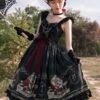 Nightingale And Rose Series Vintage Birdcage Print Bow Knot Ruffle Gothic Lolita Sleeveless Dress