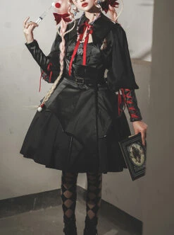 Dark Solid Gothic Halloween Style Irregular Cut At The Hem Bow Belt Decoration Lolita Witch Dress Set -MIMY Lolita Shop 1 500x672 99