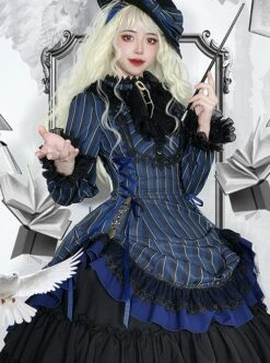 Gothic Style Elegant Retro Stand Collar Stripe Contrasting Color Slim Fit Gothic Lolita Long Sleeve Dress -MIMY Lolita Shop 10 500x672 15