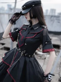 The Loser Of The Army Eats Dust Series OP Military Style Gothic Lolita Metal Belt Decoration Short Sleeve Dress Set -MIMY Lolita Shop 10 500x672 20
