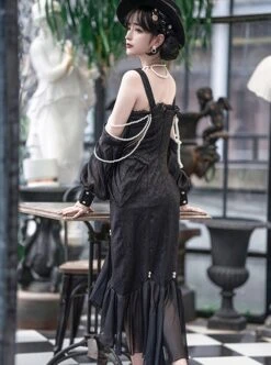 Camellia Series Elegant Black Rose Flower Bow Bead Chain Decoration Irregular Fishtail Hem Gothic Lolita Dress -MIMY Lolita Shop 10 500x672 21