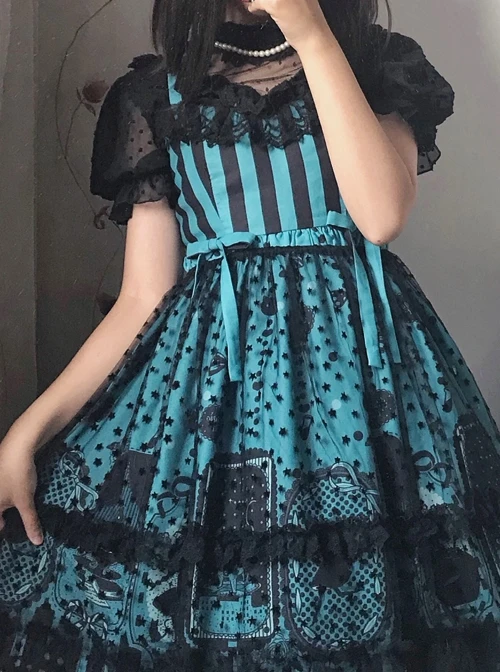 Striped Witch Cat Print Detachable Black Star Lace Net Yarn Halloween Gothic Lolita Sleeveless Dress 9 Striped Witch Cat Print Detachable Black Star Lace Net Yarn Halloween Gothic Lolita Sleeveless Dress - Image 7