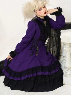 Gothic Style Pure Color Retro Elegant Stand Collar Striped Gothic Lolita Slim Fit Long Sleeve Dress -MIMY Lolita Shop 10 500x672 3
