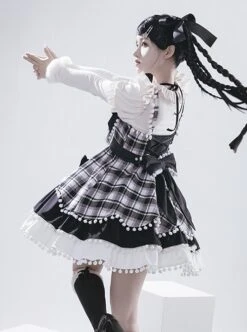 Autumn Winter Special Edition Multicolor Splicing Design Big Bowknot Cute Fur Ball Plaid Snow White Matcha Sweet Lolita Sleeveless Dress JSK -MIMY Lolita Shop 10 500x672 31
