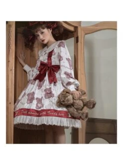 Doll Bear Series OP Doll Collar Cute Bears Printing Sweet Lolita Long Sleeve Dress -MIMY Lolita Shop 10 500x672 46