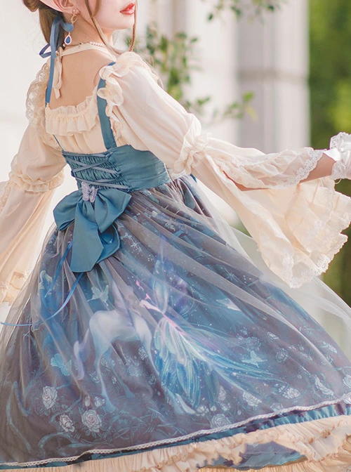 Moonlit Forest Series JSK Blue Chiffon Sweet Lolita Sling Dress 6 Moonlit Forest Series JSK Blue Chiffon Sweet Lolita Sling Dress - Image 4