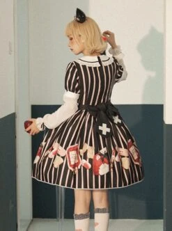 Striped Bow Doll Collar Detachable Sleeves Strawberry Blood Bag Syringe Print Striped Halloween Sweet Lolita Long Sleeve Dress -MIMY Lolita Shop 10 500x672 58