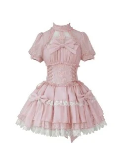 Butterfly Cross Dream Series Girls Turtleneck Solid Color Hollow Lace Bow-Knot Frenulum Short Sleeve Sweet Lolita Dress -MIMY Lolita Shop 10 500x672 63