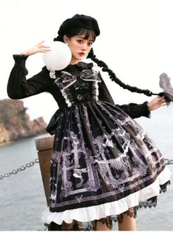 Lost Dreams Series JSK Bowknot Retro Printing Darkness Gothic Lolita Sling Dress -MIMY Lolita Shop 10 500x672 7
