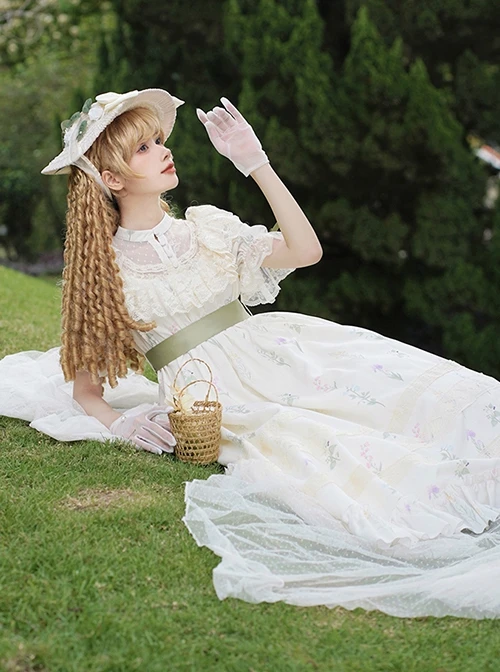 Light Green Fresh Lace Edward Collar Elegant Spring Campanula Phalaenopsis Print Imperial Dress Classic Lolita Dress 3 Light Green Fresh Lace Edward Collar Elegant Spring Campanula Phalaenopsis Print Imperial Dress Classic Lolita Dress