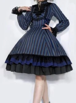 Gothic Style Elegant Retro Stand Collar Stripe Contrasting Color Slim Fit Gothic Lolita Long Sleeve Dress -MIMY Lolita Shop 11 500x672 11
