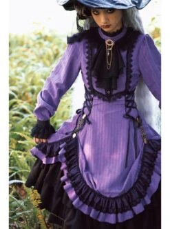 Gothic Style Pure Color Retro Elegant Stand Collar Striped Gothic Lolita Slim Fit Long Sleeve Dress -MIMY Lolita Shop 11 500x672 2
