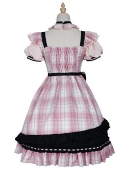 Tsubaki Sakura Series OP Idol Singing Clothes Black Sweet Pink Plaid Sweet Lolita Short Sleeve Dress -MIMY Lolita Shop 11 500x672 22