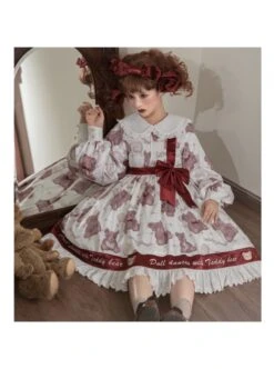 Doll Bear Series OP Doll Collar Cute Bears Printing Sweet Lolita Long Sleeve Dress -MIMY Lolita Shop 11 500x672 35