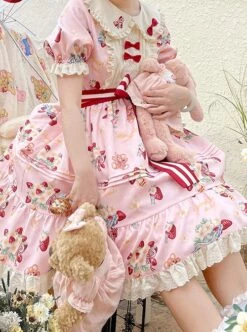 Doll Collar Lace Bear Strawberry Print Puff Sleeve Bow Red And White Striped Belt Sweet Lolita Short Sleeve Dress 21 Doll Collar Lace Bear Strawberry Print Puff Sleeve Bow Red And White Striped Belt Sweet Lolita Short Sleeve Dress -MIMY Lolita Shop 11 500x672 37